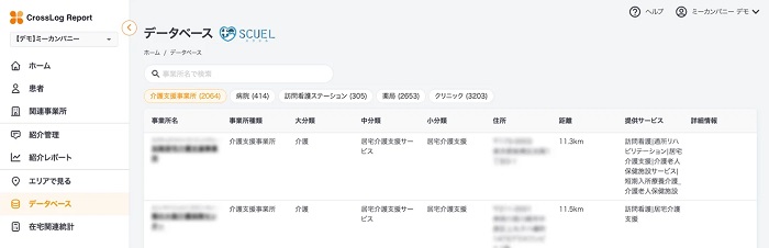 「CrossLog Report」の「SCUEL」の介護施設データとの連携画面