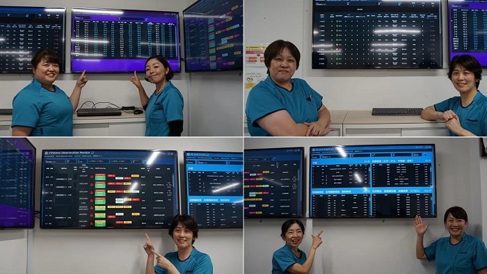 院内のさまざまなデータが表示されたスクリーン「タイル」と、タイルのアプリケーションと設計を担った看護師長たち