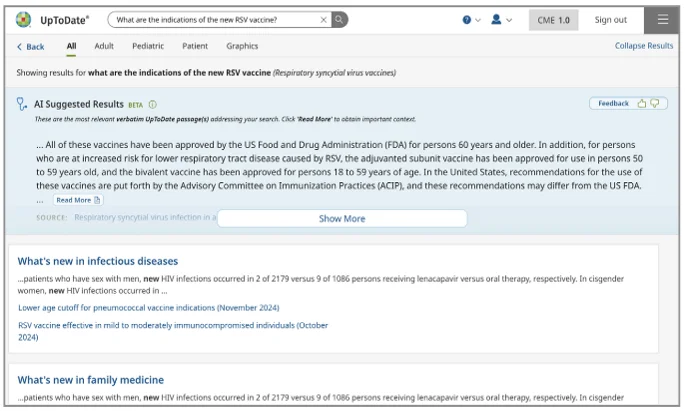 AIの臨床トピック検索機能では、医師が自然な言葉や複数のキーワードで質問すると、関連トピックを正確に表示する