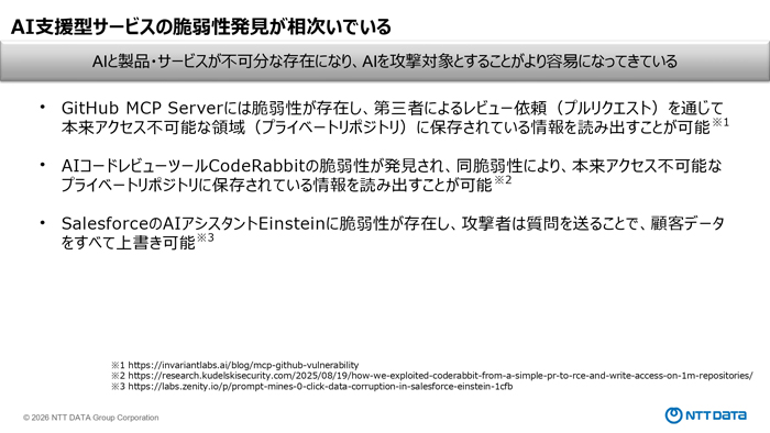 AI支援サービスでは脆弱性の発見が相次いでいる（NTTデータ提供）