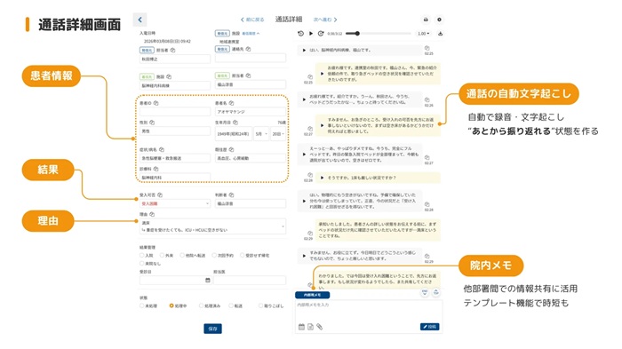 「受入コールAI」の通話詳細画面